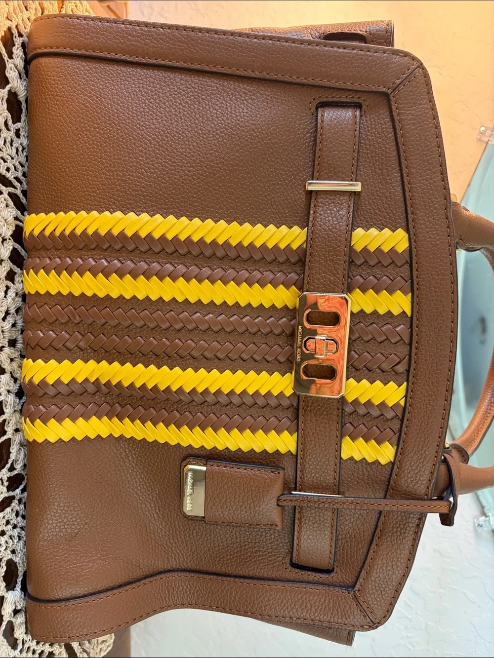 Michael Kors Brown Handbag with Yellow Woven Stripes